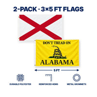 Alabama State Flag and Don't Tread on Alabama Flag 3x5 2-Pack features and size details
