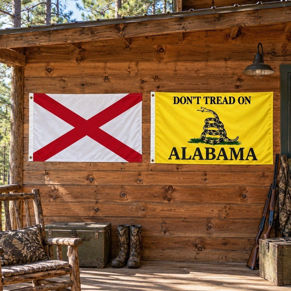 Alabama State Flag and Don't Tread on Alabama Flag 3x5 2-Pack displayed outdoors
