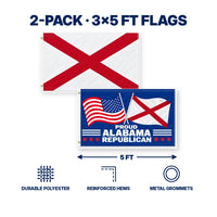 Alabama State Flag and Proud Alabama Republican Flag 3x5 2-Pack features and size details