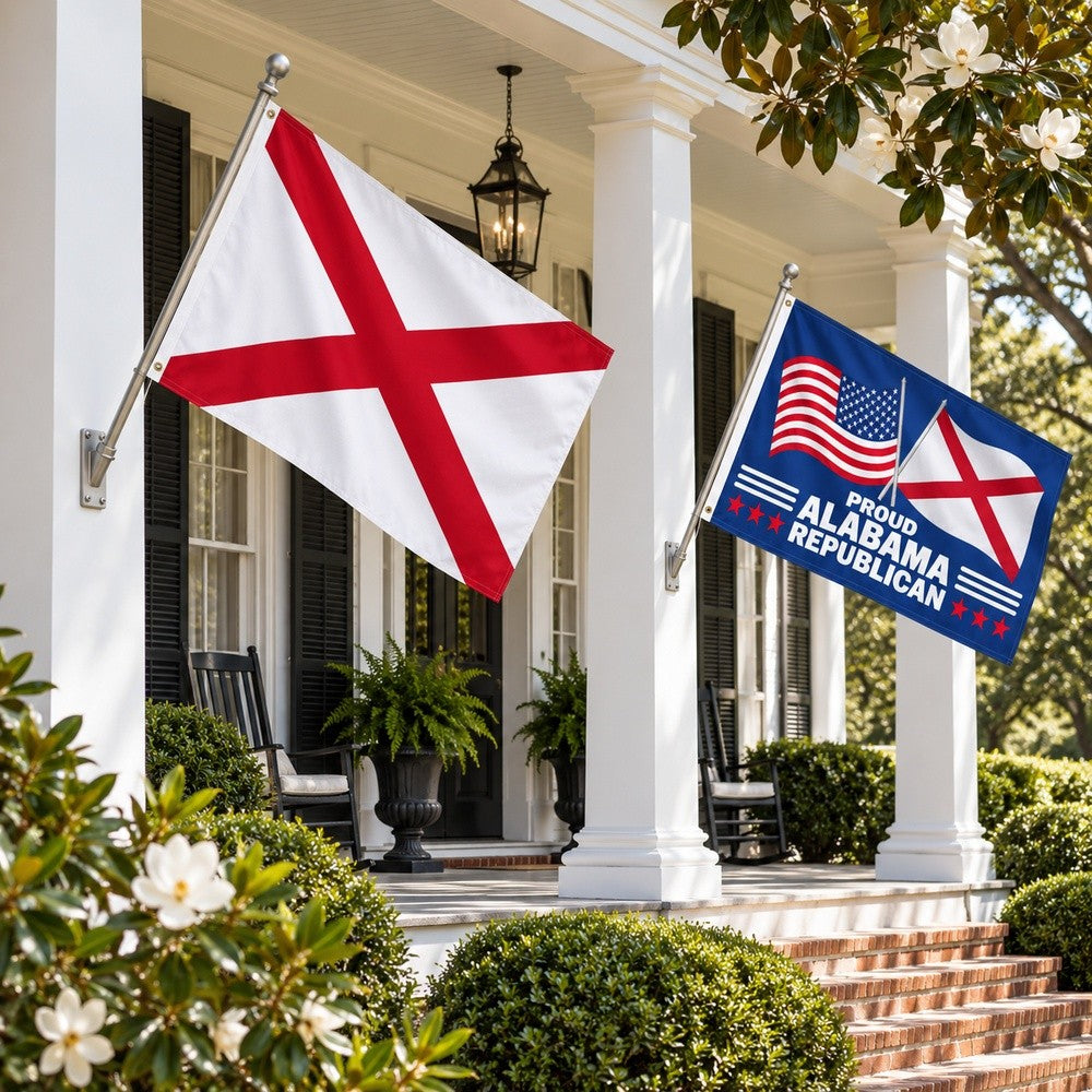 Alabama State Flag and Proud Alabama Republican Flag 3x5 2-Pack displayed outdoors