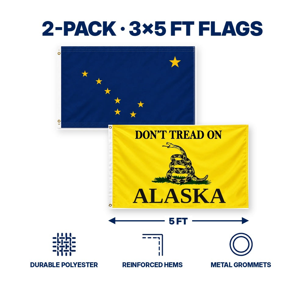 Alaska State Flag and Don't Tread on Alaska Flag 3x5 2-Pack features and size details