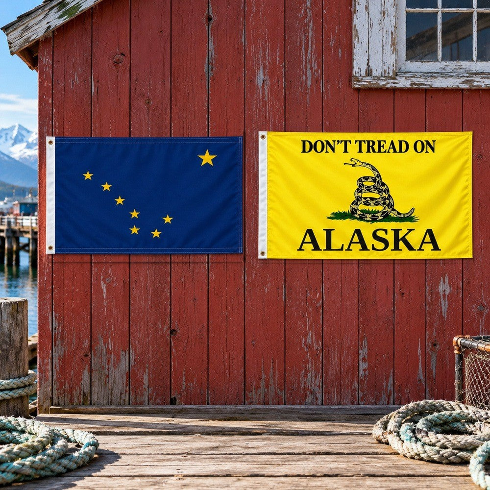 Alaska State Flag and Don't Tread on Alaska Flag 3x5 2-Pack displayed outdoors