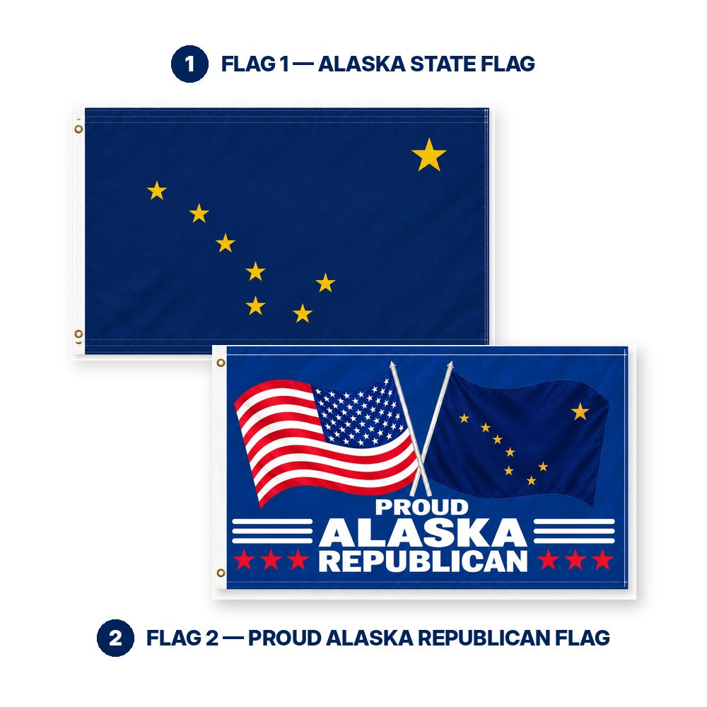 Alaska State Flag and Proud Alaska Republican Flag 3x5 2-Pack features and size details