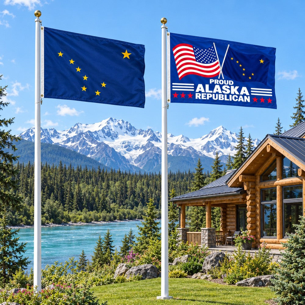 Alaska State Flag and Proud Alaska Republican Flag 3x5 2-Pack displayed outdoors