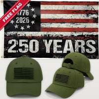 Army Green Flag Hat + 250 Years Distressed Flag - America 250th Flag Hat & Flag Bundle