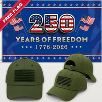 Army Green Flag Hat + 250 Years of Freedom Flag (Blue) - America 250th Flag Hat & Flag Bundle
