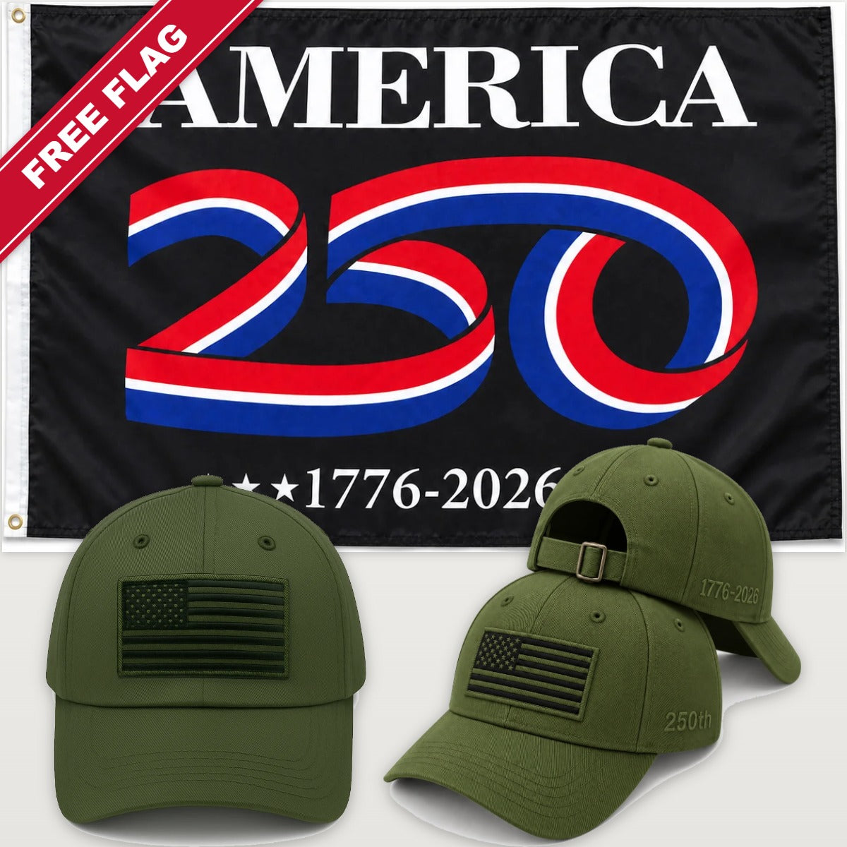 Army Green Flag Hat + America 250 Flag (Black) - America 250th Flag Hat & Flag Bundle