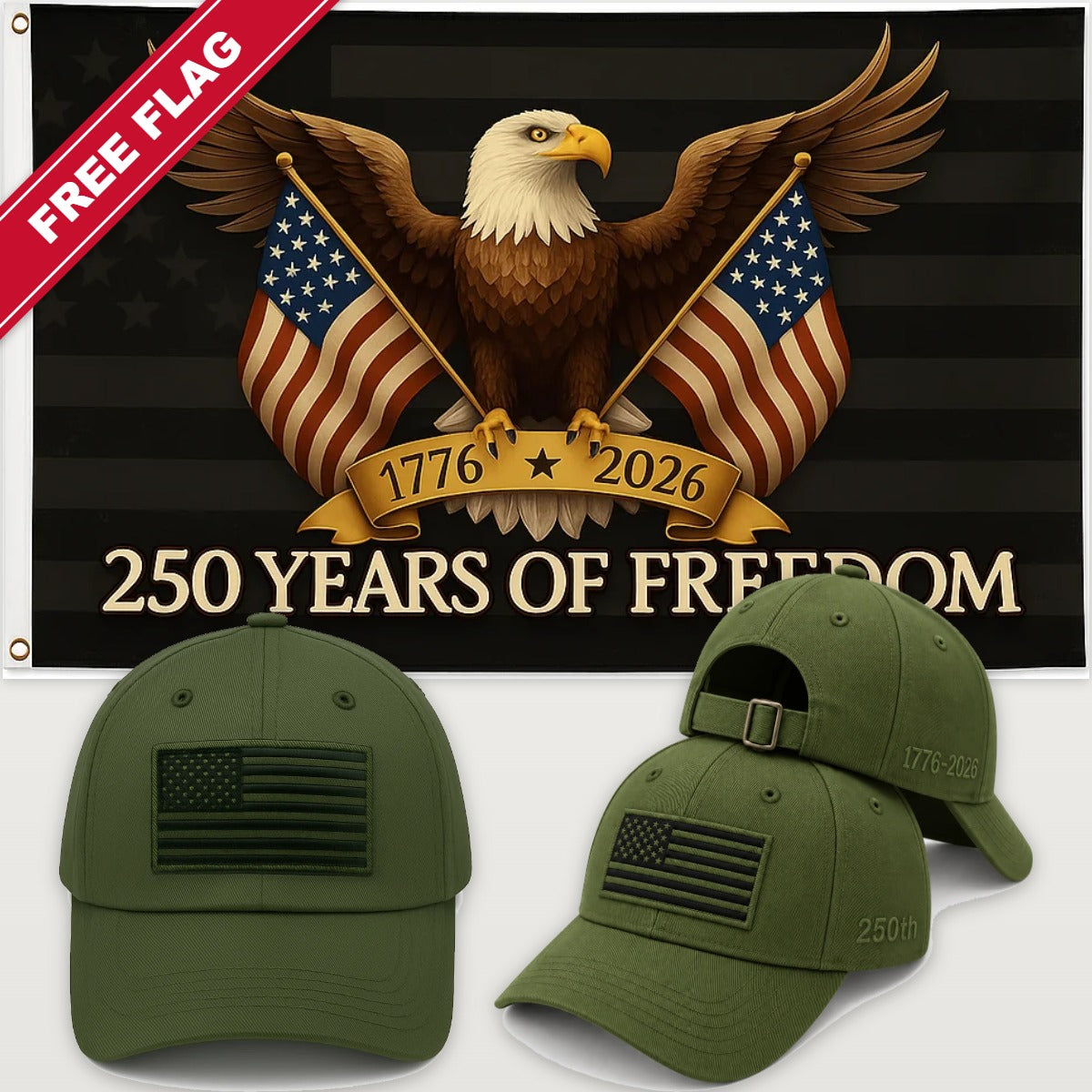 Army Green Flag Hat + Black Eagle 250 Years of Freedom Flag - America 250th Flag Hat & Flag Bundle