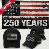 Black Flag Hat + 250 Years Distressed Flag - America 250th Flag Hat & Flag Bundle