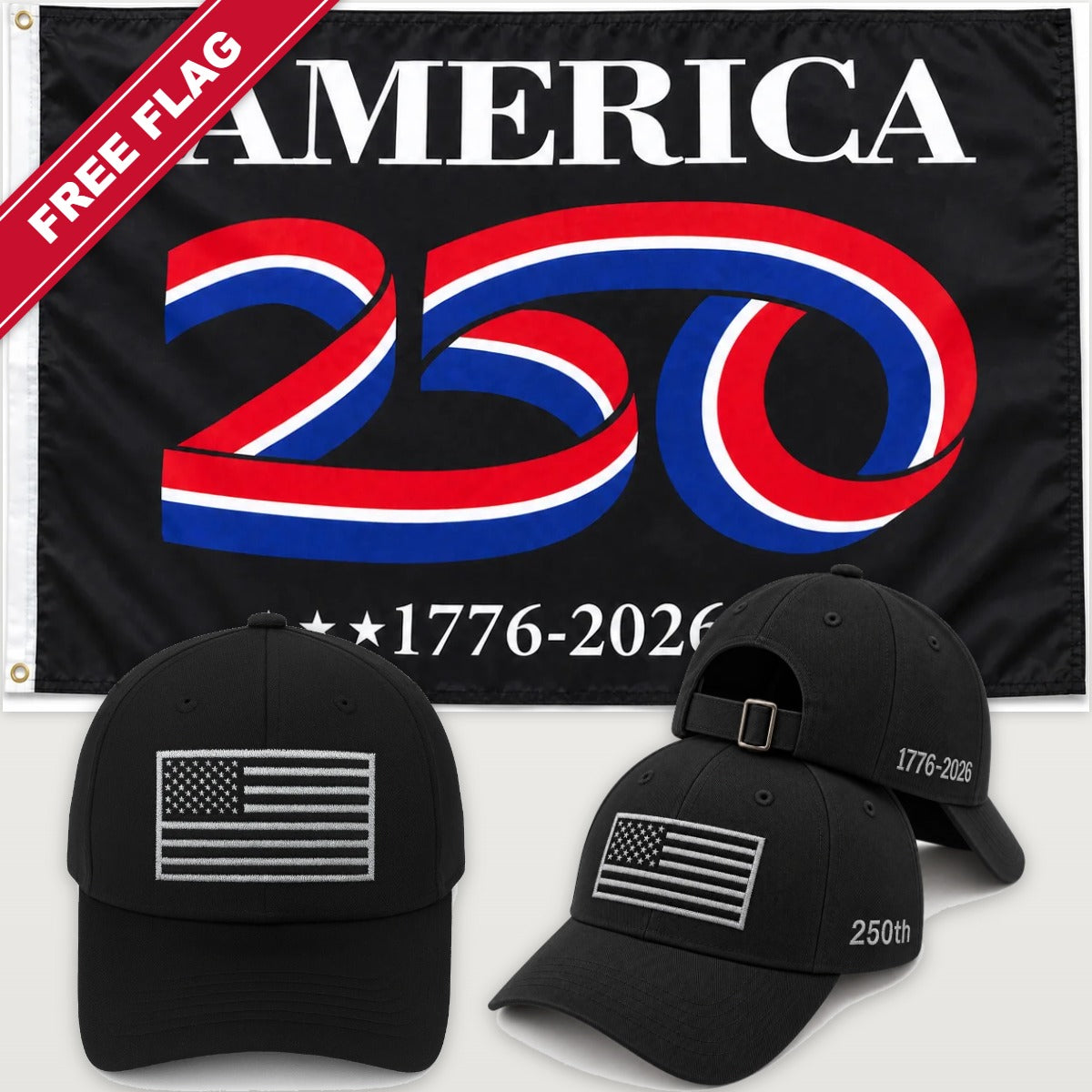Black Flag Hat + America 250 Flag (Black) - America 250th Flag Hat & Flag Bundle