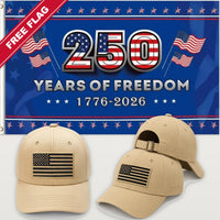 Desert Sand Flag Hat + 250 Years of Freedom Flag (Blue) - America 250th Flag Hat & Flag Bundle