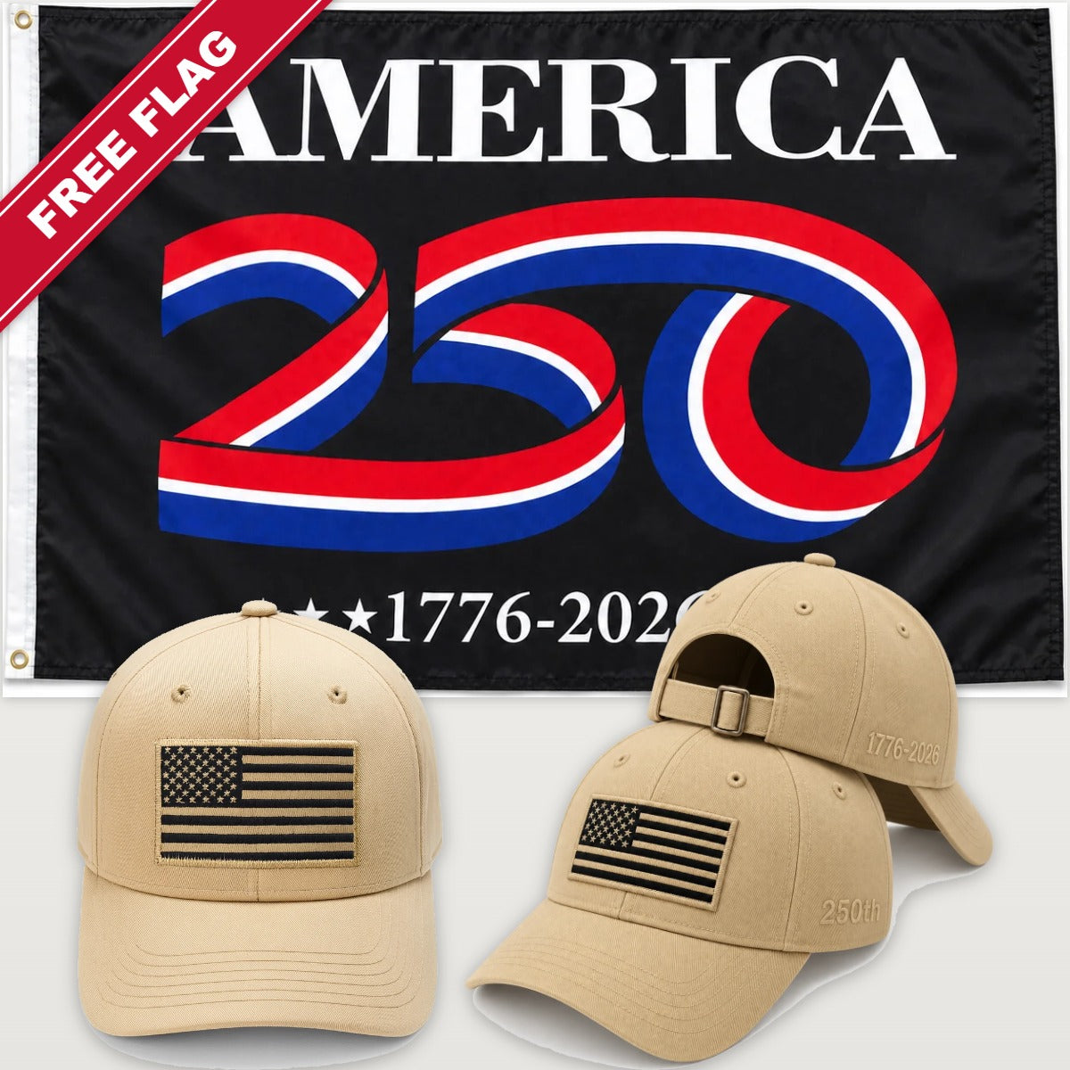 Desert Sand Flag Hat + America 250 Flag (Black) - America 250th Flag Hat & Flag Bundle