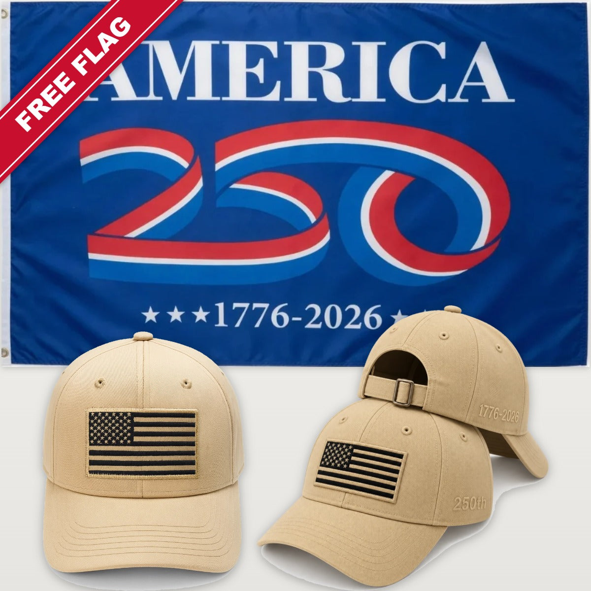Desert Sand Flag Hat + America 250 Flag (Blue) - America 250th Flag Hat & Flag Bundle