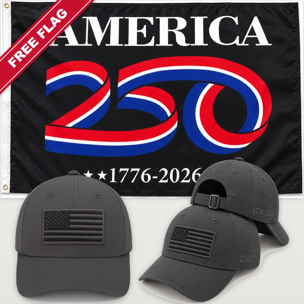 Gray Flag Hat + America 250 Flag (Black) - America 250th Flag Hat & Flag Bundle