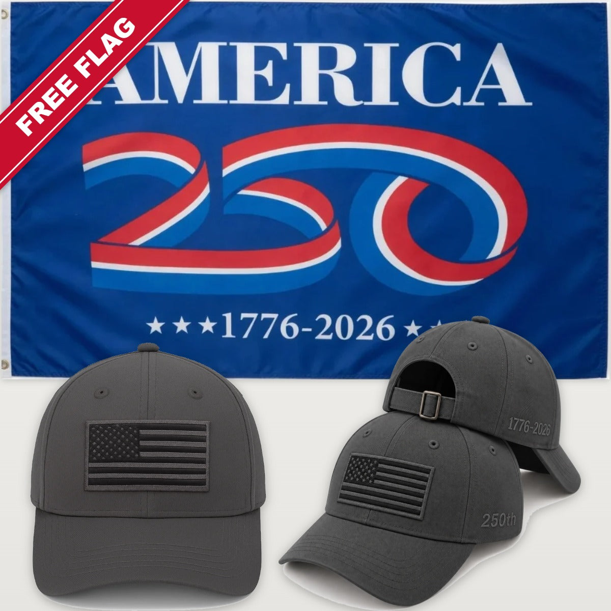 Gray Flag Hat + America 250 Flag (Blue) - America 250th Flag Hat & Flag Bundle