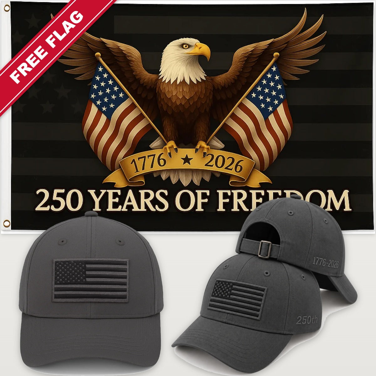 Gray Flag Hat + Black Eagle 250 Years of Freedom Flag - America 250th Flag Hat & Flag Bundle