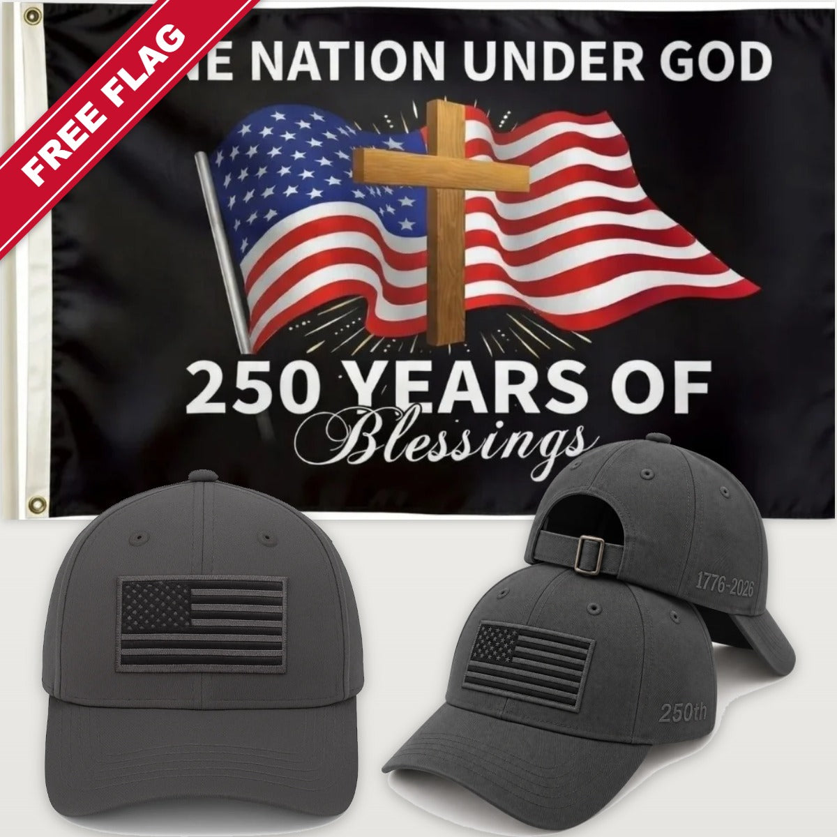 Gray Flag Hat + One Nation Under God Flag - America 250th Flag Hat & Flag Bundle