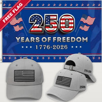 Light Gray Flag Hat + 250 Years of Freedom Flag (Blue) - America 250th Flag Hat & Flag Bundle