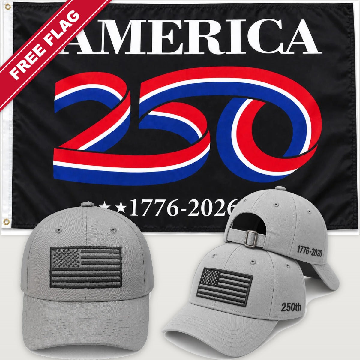 Light Gray Flag Hat + America 250 Flag (Black) - America 250th Flag Hat & Flag Bundle