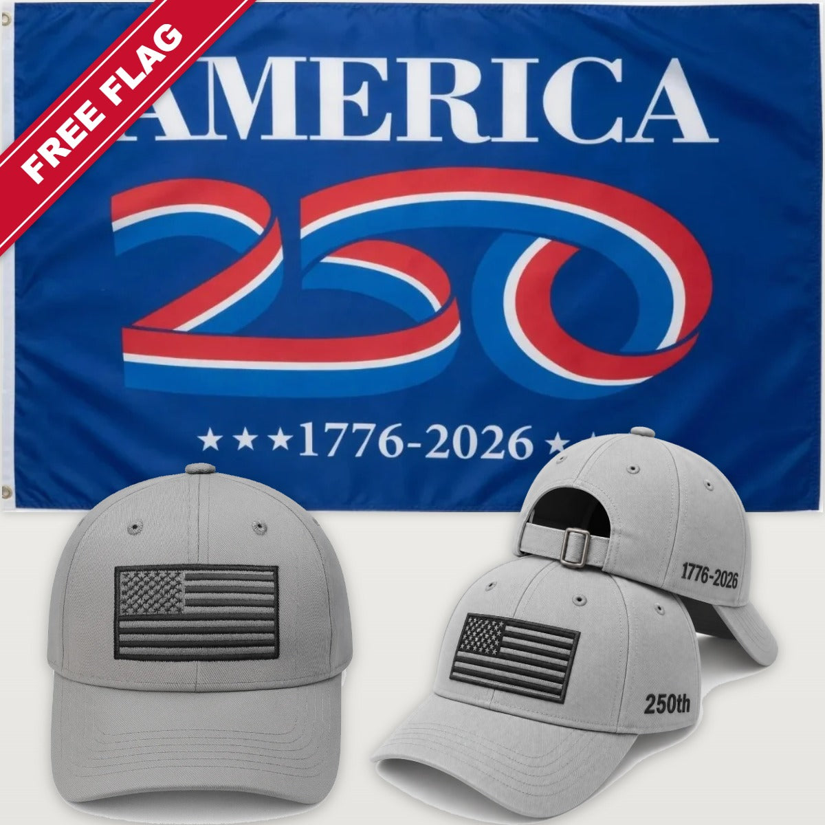 Light Gray Flag Hat + America 250 Flag (Blue) - America 250th Flag Hat & Flag Bundle