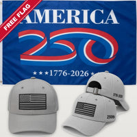Light Gray Flag Hat + America 250 Flag (Blue) - America 250th Flag Hat & Flag Bundle