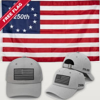 Light Gray Flag Hat + Betsy Ross 250th Flag - America 250th Flag Hat & Flag Bundle