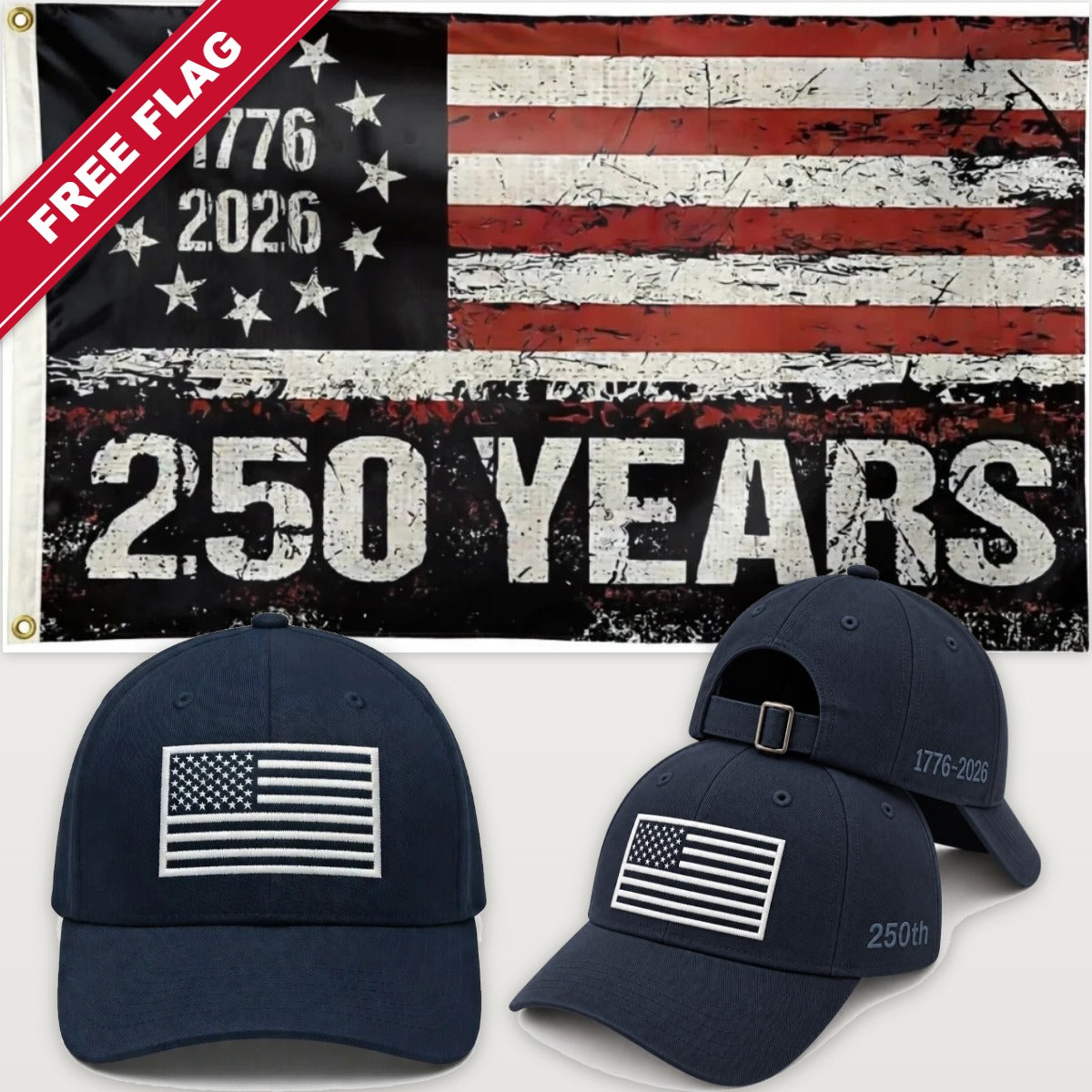 Navy Blue Flag Hat + 250 Years Distressed Flag - America 250th Flag Hat & Flag Bundle