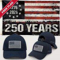 Navy Blue Flag Hat + 250 Years Distressed Flag - America 250th Flag Hat & Flag Bundle