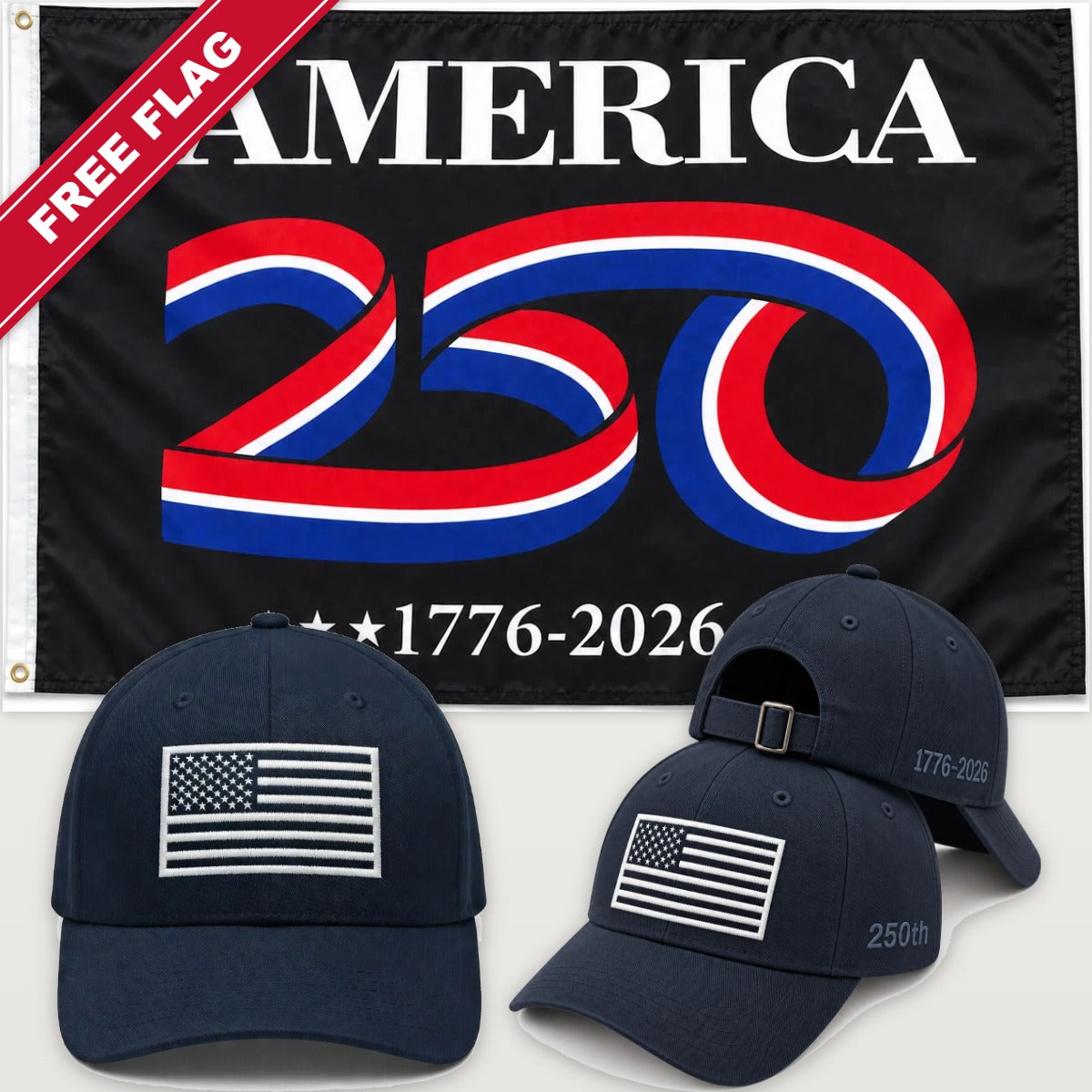 Navy Blue Flag Hat + America 250 Flag (Black) - America 250th Flag Hat & Flag Bundle