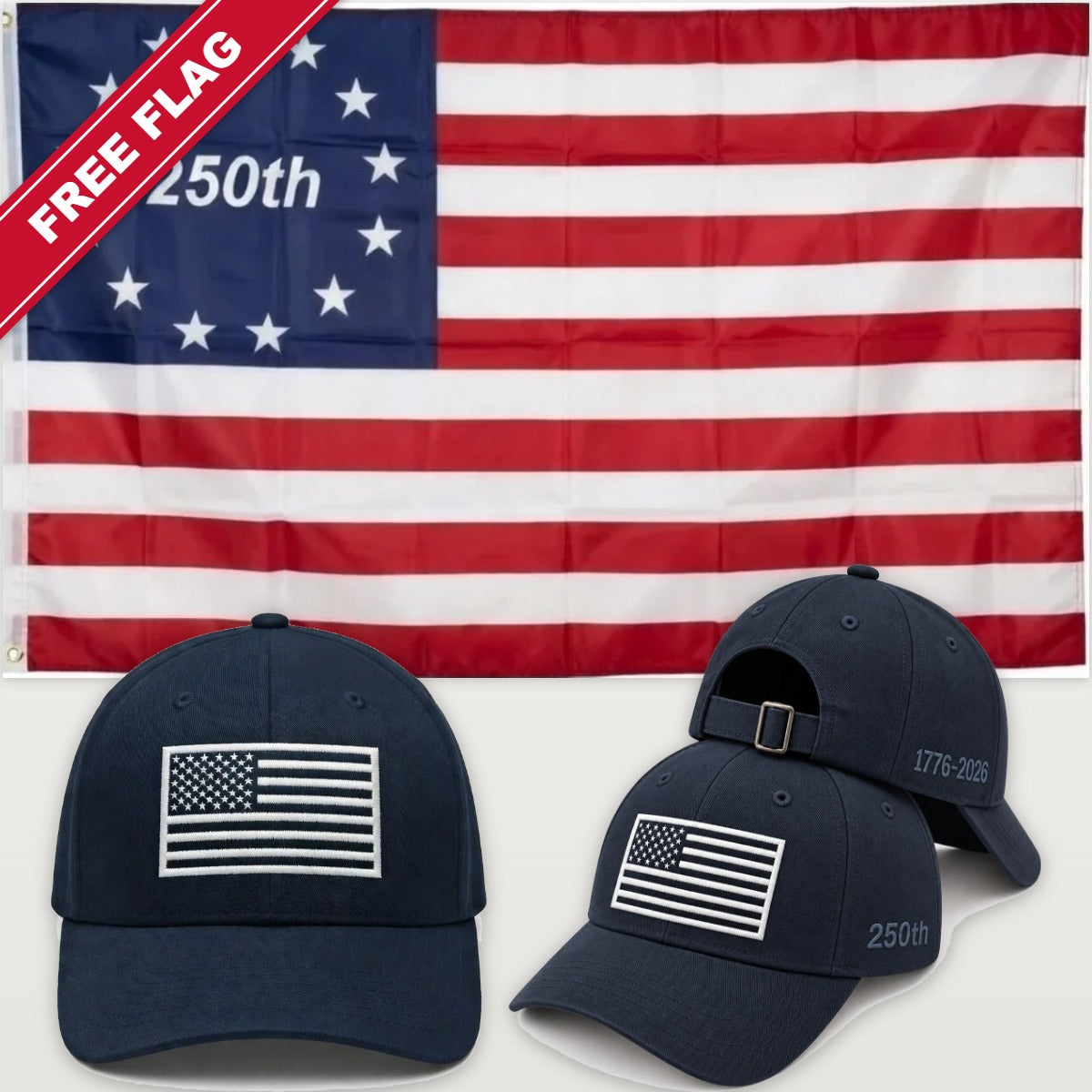 Navy Blue Flag Hat + Betsy Ross 250th Flag - America 250th Flag Hat & Flag Bundle