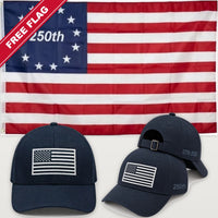 Navy Blue Flag Hat + Betsy Ross 250th Flag - America 250th Flag Hat & Flag Bundle