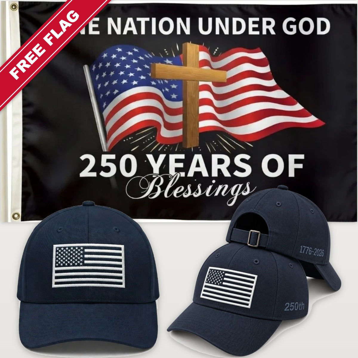 Navy Blue Flag Hat + One Nation Under God Flag - America 250th Flag Hat & Flag Bundle