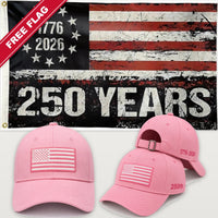 Pink Flag Hat + 250 Years Distressed Flag - America 250th Flag Hat & Flag Bundle