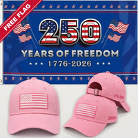 Pink Flag Hat + 250 Years of Freedom Flag (Blue) - America 250th Flag Hat & Flag Bundle
