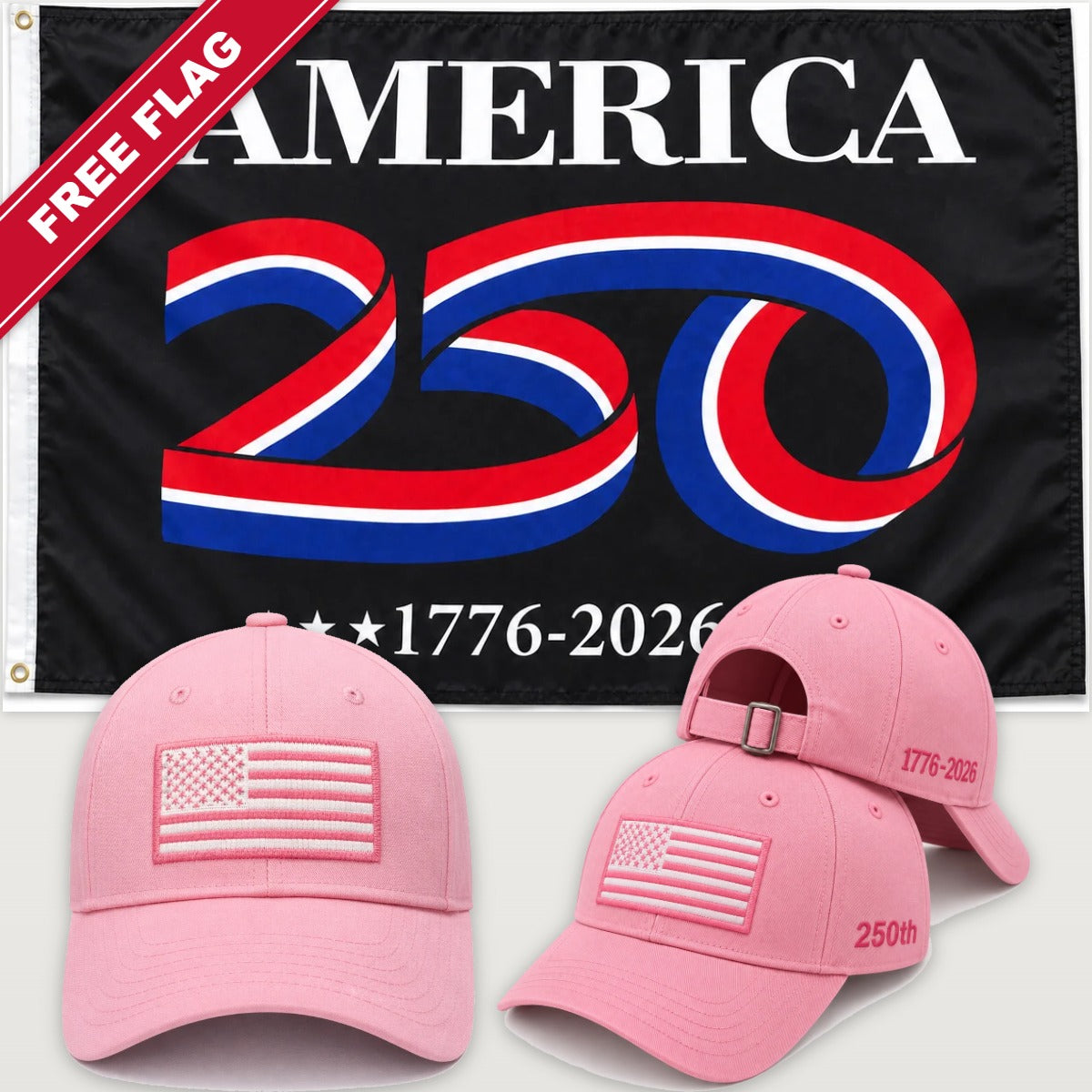 Pink Flag Hat + America 250 Flag (Black) - America 250th Flag Hat & Flag Bundle