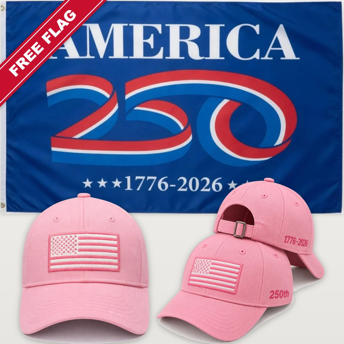 Pink Flag Hat + America 250 Flag (Blue) - America 250th Flag Hat & Flag Bundle