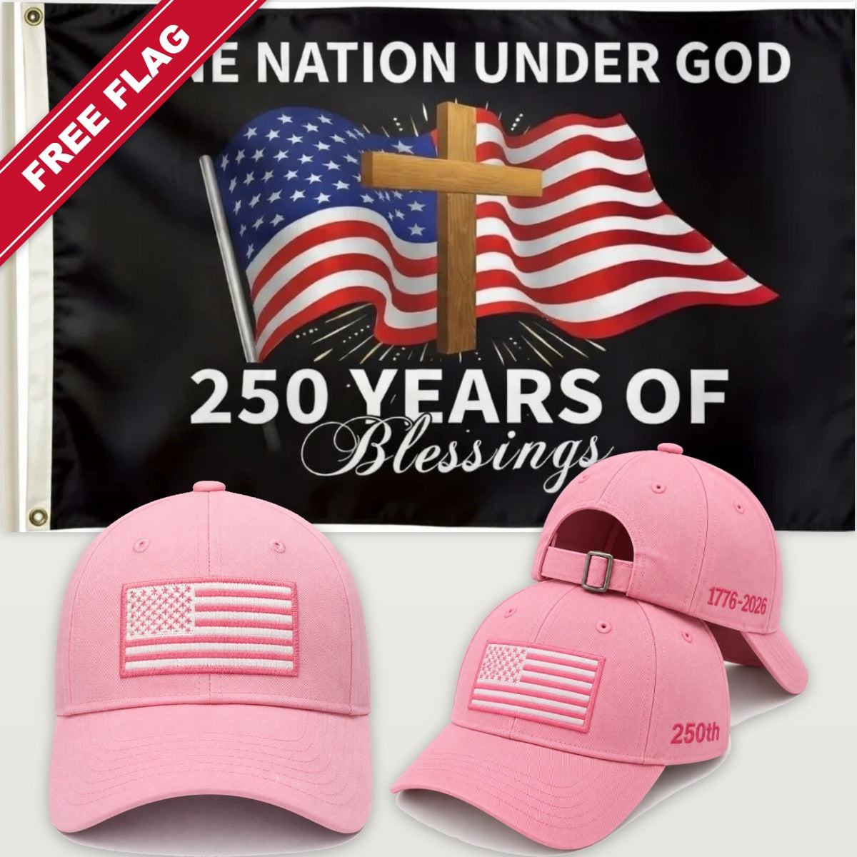 Pink Flag Hat + One Nation Under God Flag - America 250th Flag Hat & Flag Bundle