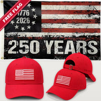 Red Flag Hat + 250 Years Distressed Flag - America 250th Flag Hat & Flag Bundle