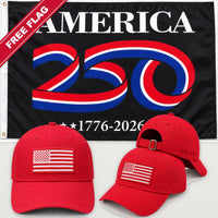 Red Flag Hat + America 250 Flag (Black) - America 250th Flag Hat & Flag Bundle