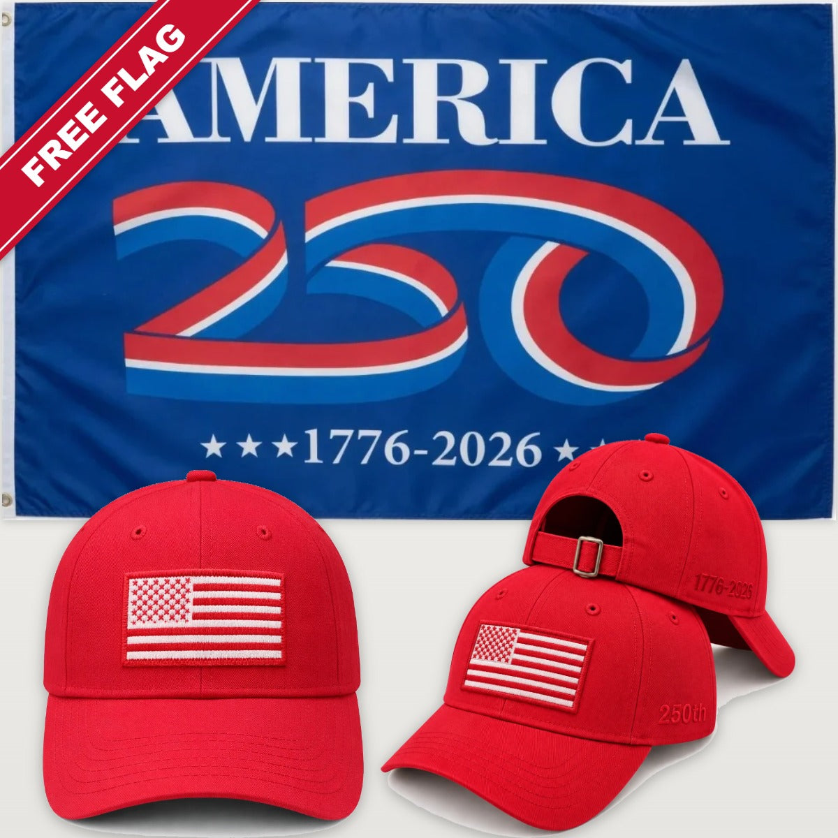 Red Flag Hat + America 250 Flag (Blue) - America 250th Flag Hat & Flag Bundle