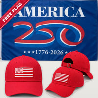 Red Flag Hat + America 250 Flag (Blue) - America 250th Flag Hat & Flag Bundle