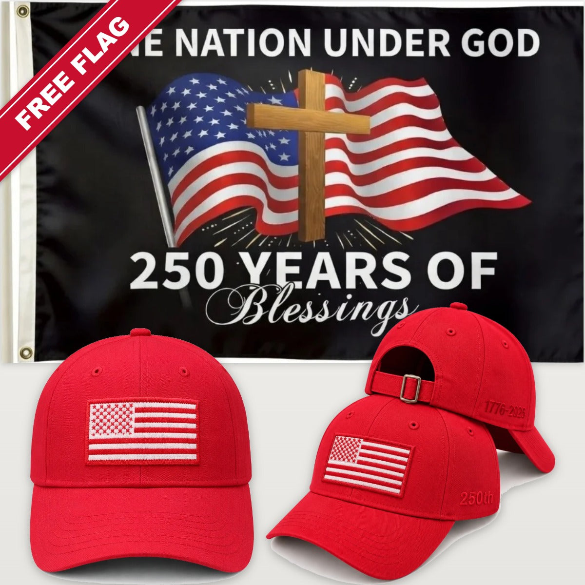 Red Flag Hat + One Nation Under God Flag - America 250th Flag Hat & Flag Bundle