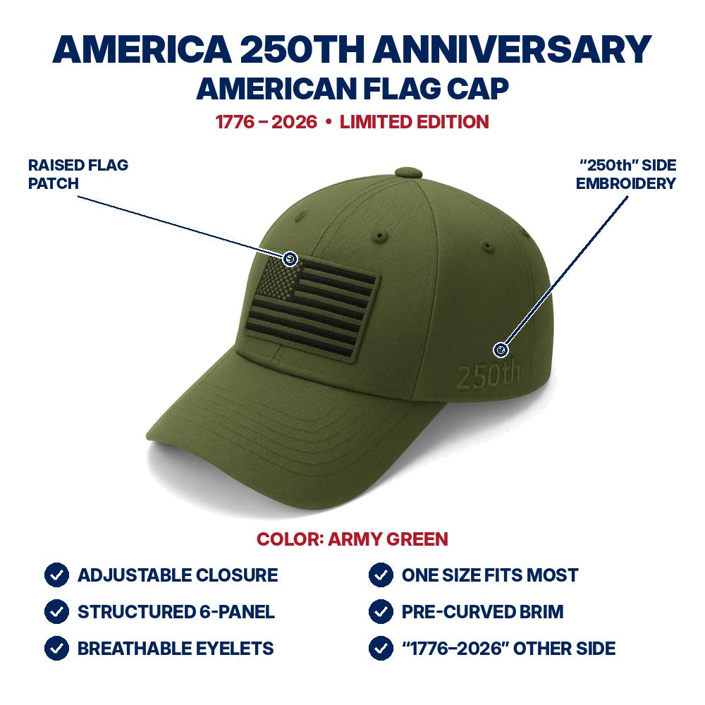 America 250th Anniversary Flag Cap - Army Green - features infographic