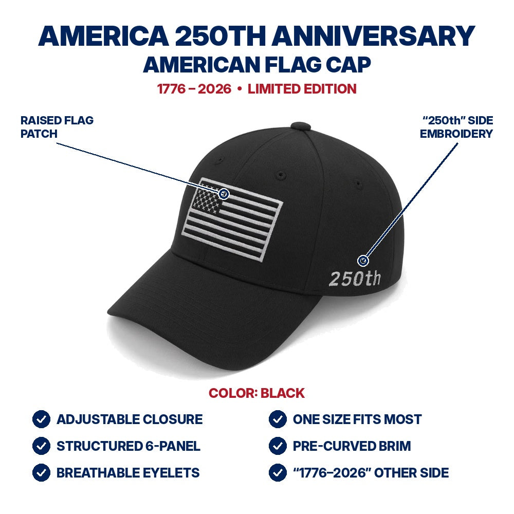 America 250th Anniversary Flag Cap - Black - features infographic