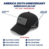 America 250th Anniversary Flag Cap - Black - features infographic