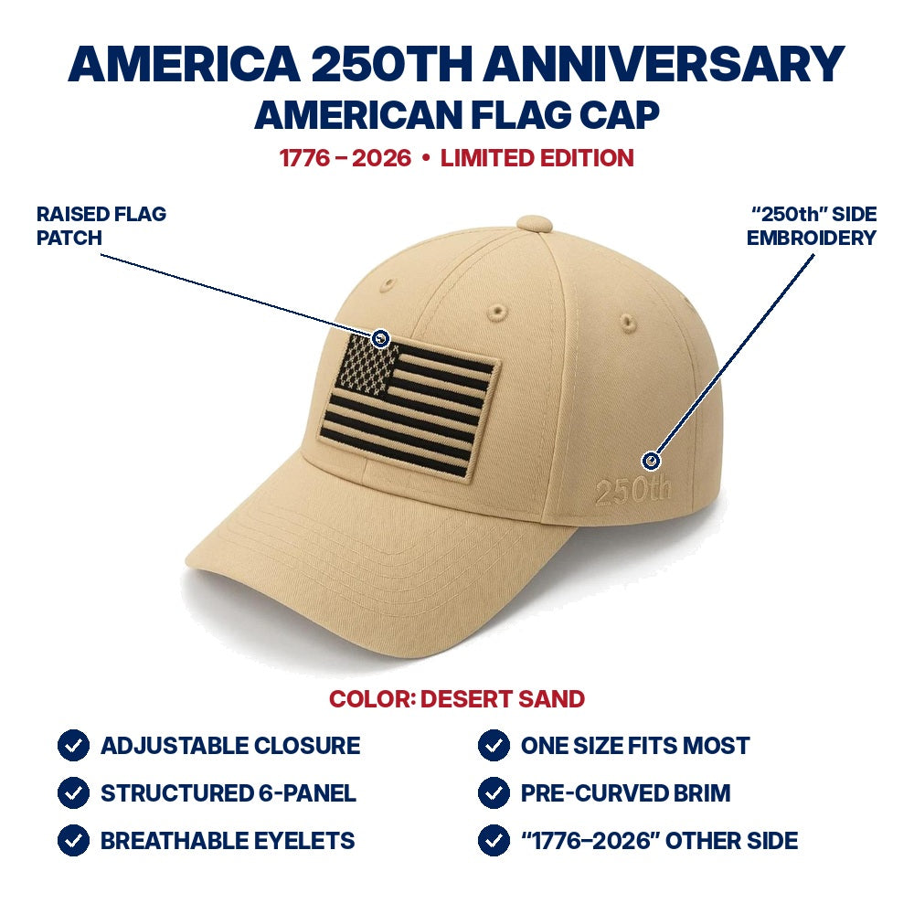 America 250th Anniversary Flag Cap - Desert Sand - features infographic