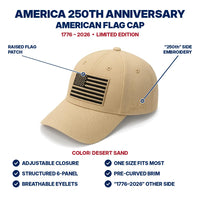 America 250th Anniversary Flag Cap - Desert Sand - features infographic