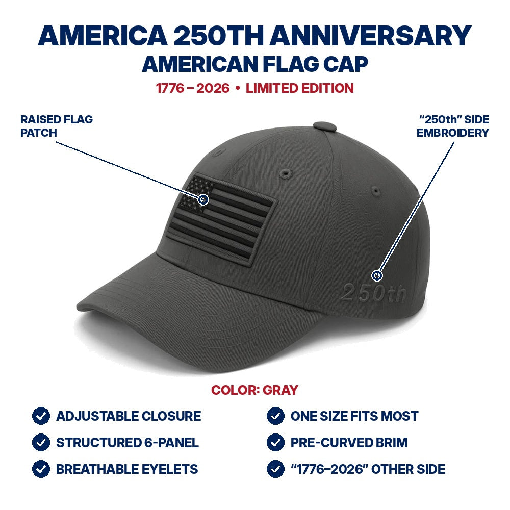 America 250th Anniversary Flag Cap - Gray - features infographic