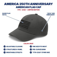 America 250th Anniversary Flag Cap - Gray - features infographic