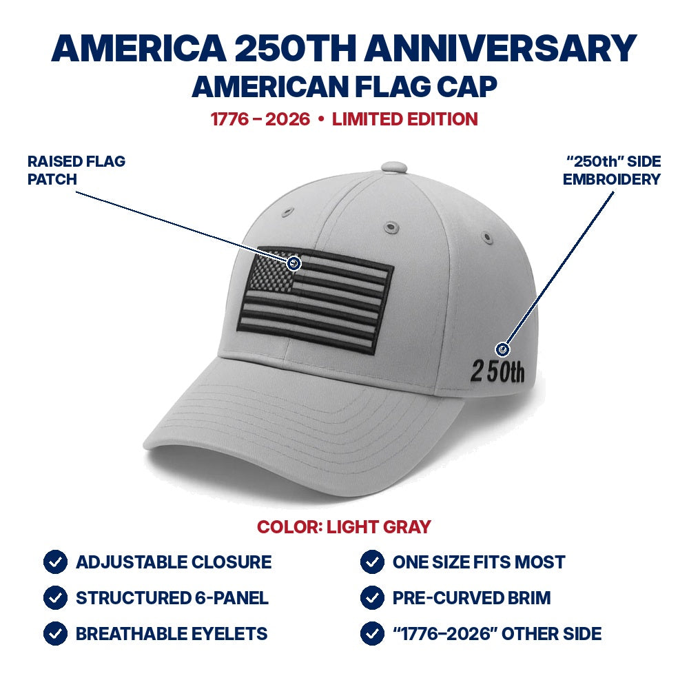 America 250th Anniversary Flag Cap - Light Gray - features infographic